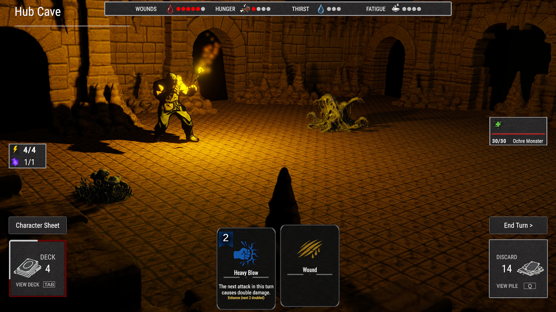 A hand containing a wound card during an encounter in Submundus.
